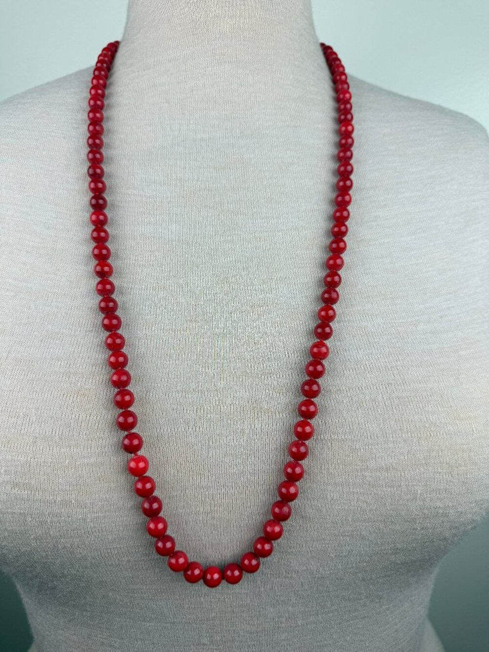 Red Coral Bead Necklace Hand Knotted  36"